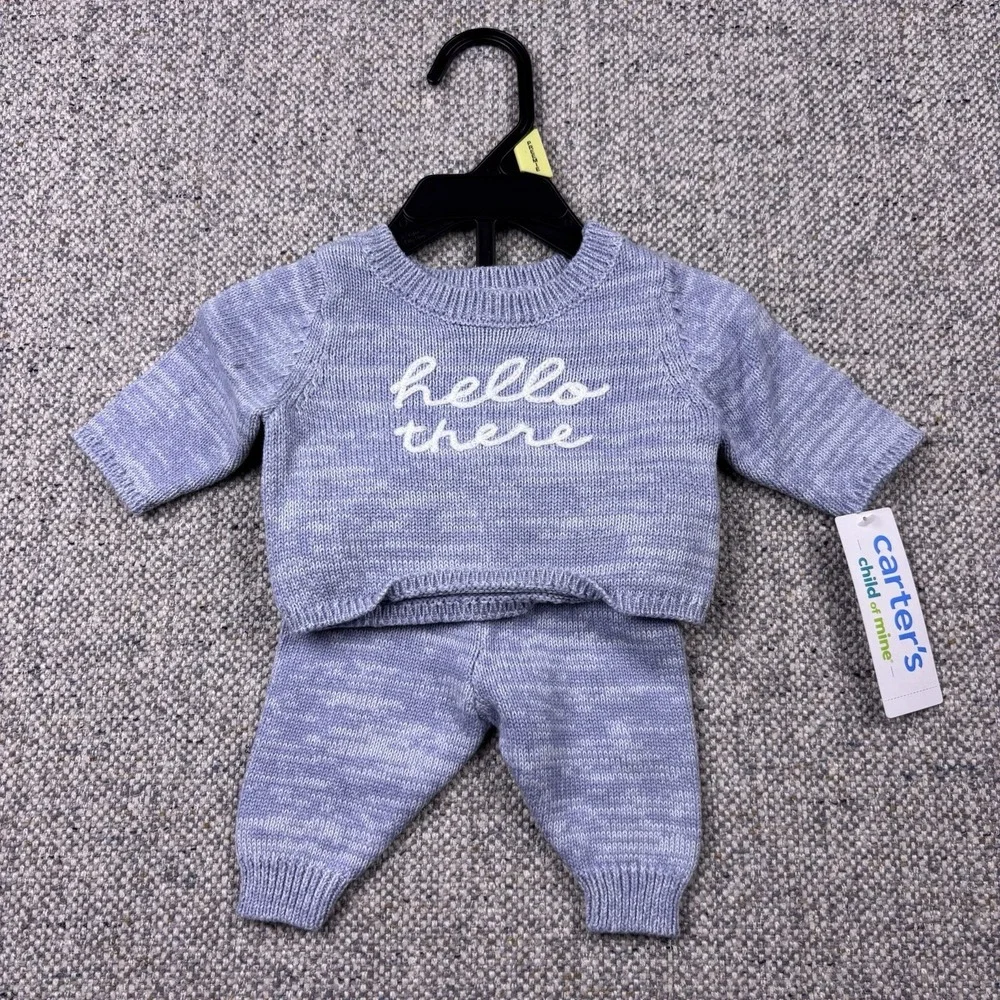 Carter's Child of Mine Baby Knit Sweater Set Blue Hello There 2 Piece Preemie
